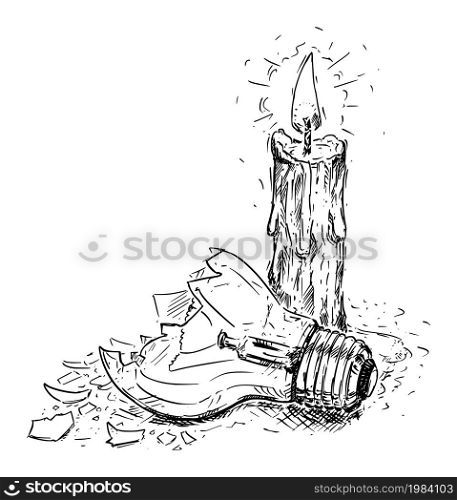 No electricity, candle and broken light buld, energy poverty concept, vector cartoon illustration.. Candle and Broken Light Bulb, No Electricity, Energy Poverty Concept, Vector Cartoon Illustration