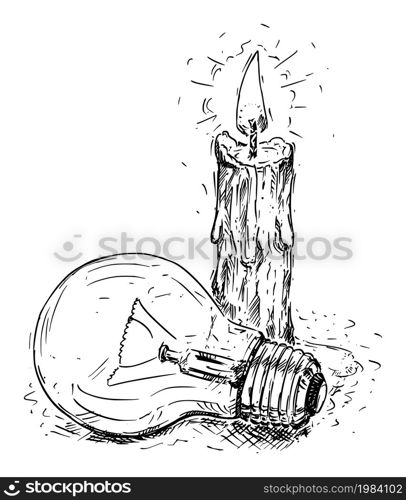No electricity, candle and light buld, energy poverty concept, vector cartoon illustration.. Candle and Light Bulb, No Electricity, Energy Poverty Concept, Vector Cartoon Illustration