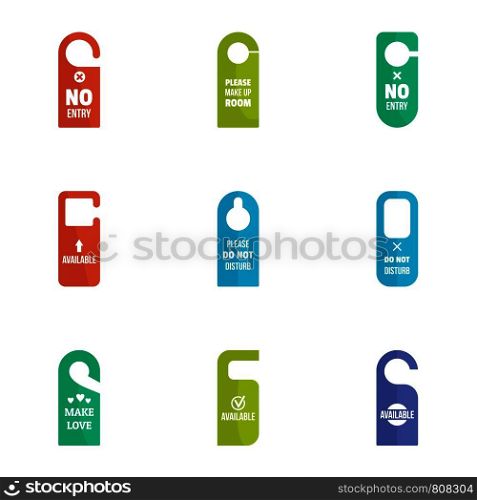 No entry door tag icon set. Flat set of 9 no entry door tag vector icons for web design. No entry door tag icon set, flat style
