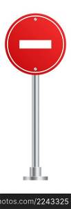 No entry road sign. Red circle with white rectangle. Vector illustration. No entry road sign. Red circle with white rectangle