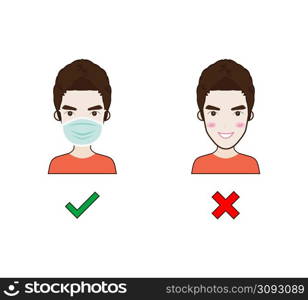 No Entry Without Face Mask. Wrong and right Wear a Face Covering Icon. People protection. Vector illustration