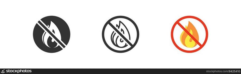 No fire allowed vector icon. Warning, danger. Forbidden open flame, bonfire. Crossed flame, prohibition, no bbq, c&fire. Outline, flat and colored style. Flat design. Vector illustration. No fire allowed vector icon. Warning, danger. Forbidden open flame, bonfire. Crossed flame, prohibition, no bbq, c&fire. Outline, flat and colored style. Flat design. 