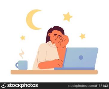 No fixed work hours in freelance work 2D vector isolated spot illustration. Overworked female freelancer flat character on cartoon background. Colorful editable scene for mobile, website, magazine. No fixed work hours in freelance work 2D vector isolated spot illustration