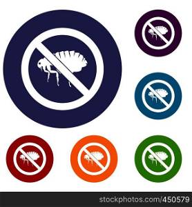 No flea sign icons set in flat circle reb, blue and green color for web. No flea sign icons set