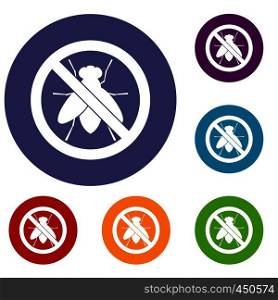 No fly sign icons set in flat circle reb, blue and green color for web. No fly sign icons set