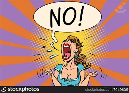 No furious screaming woman. Comic book cartoon pop art retro vector illustration drawing. No furious screaming woman