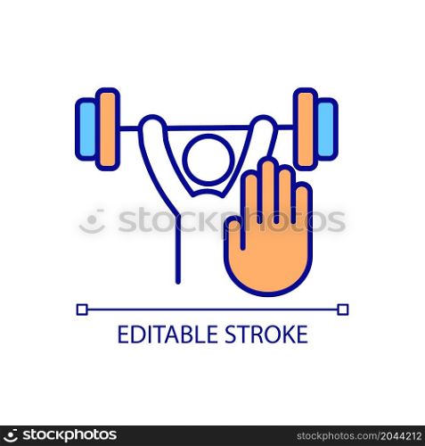 No gym workout RGB color icon. Lifting excessive weight, training and fitness prohibited. Bodybuilding forbidden. Isolated vector illustration. Simple filled line drawing. Editable stroke. No gym workout RGB color icon