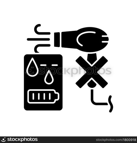 No hair dryer if powerbank wet black glyph manual label icon. Overheating hazard. Moisture build up inside. Silhouette symbol on white space. Vector isolated illustration for product use instructions. No hair dryer if powerbank wet black glyph manual label icon