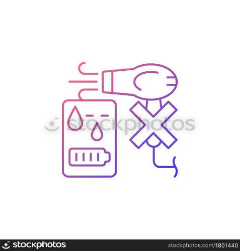 No hair dryer if powerbank wet gradient linear vector manual label icon. Overheating. Thin line color symbol. Modern style pictogram. Vector isolated outline drawing for product use instructions. No hair dryer if powerbank wet gradient linear vector manual label icon