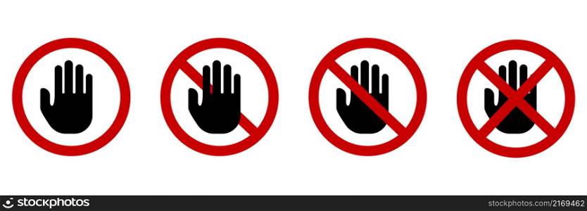 No hand icons. Red circle. Prohibited information sign. Stop touch. Outline symbol. Vector illustration. Stock image. EPS 10.. No hand icons. Red circle. Prohibited information sign. Stop touch. Outline symbol. Vector illustration. Stock image.
