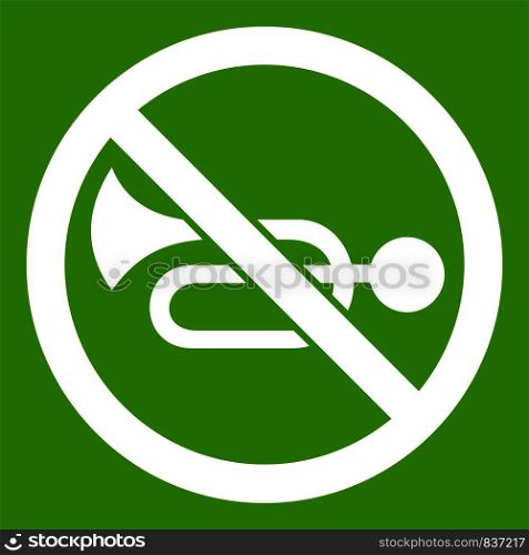 No horn traffic sign icon white isolated on green background. Vector illustration. No horn traffic sign icon green