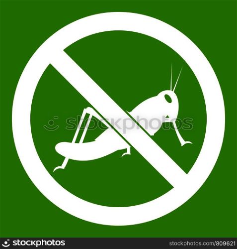 No locust sign icon white isolated on green background. Vector illustration. No locust sign icon green