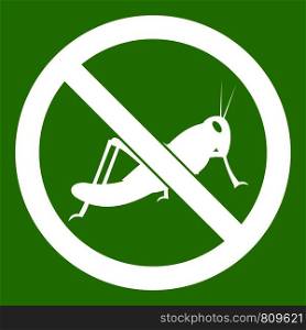 No locust sign icon white isolated on green background. Vector illustration. No locust sign icon green