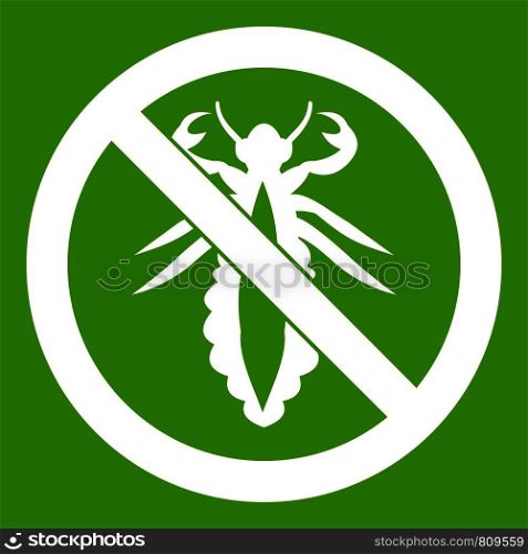 No louse sign icon white isolated on green background. Vector illustration. No louse sign icon green