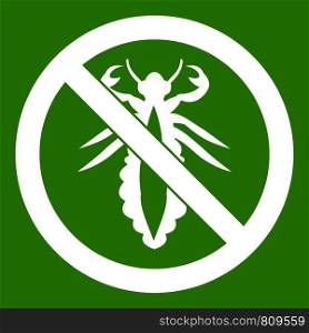 No louse sign icon white isolated on green background. Vector illustration. No louse sign icon green