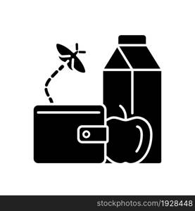 No money for food black glyph icon. Poverty and hunger. Financial problems lead to malnutrition. Lack of nutrition. Can not afford meal. Silhouette symbol on white space. Vector isolated illustration. No money for food black glyph icon