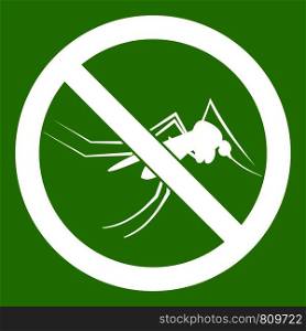No mosquito sign icon white isolated on green background. Vector illustration. No mosquito sign icon green