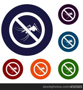 No mosquito sign icons set in flat circle reb, blue and green color for web. No mosquito sign icons set