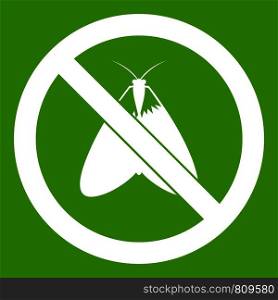 No moth sign icon white isolated on green background. Vector illustration. No moth sign icon green