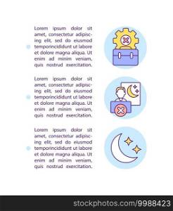 No night shift at work concept icon with text. Proper job schedule for young employee. PPT page vector template. Brochure, magazine, booklet design element with linear illustrations. No night shift at work concept icon with text