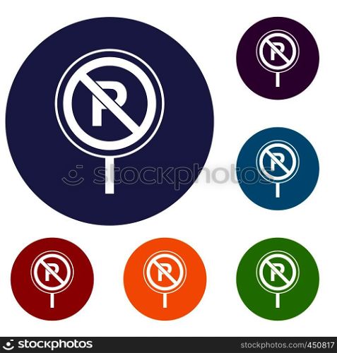 No parking sign icons set in flat circle reb, blue and green color for web. No parking sign icons set