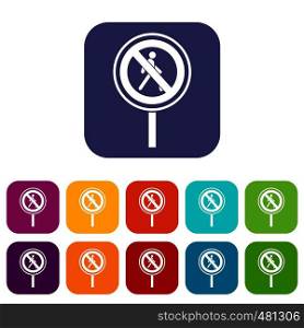 No pedestrian sign icons set vector illustration in flat style in colors red, blue, green, and other. No pedestrian sign icons set