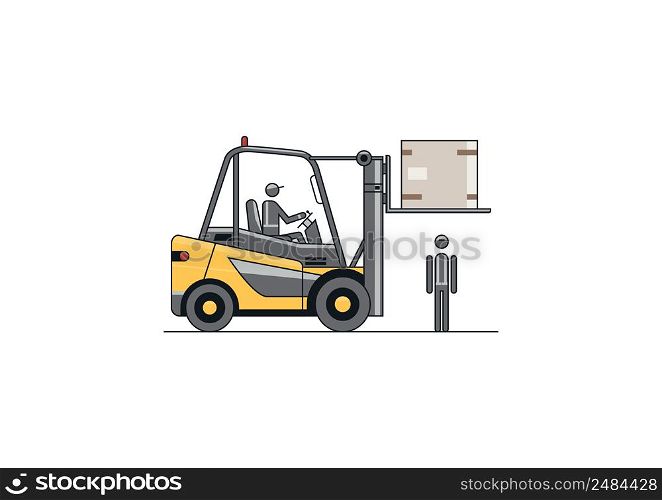 No people under raised forks. Flat line vector design of forklift with the operator.