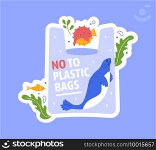 No plastic bag in sea and ocean. Concept ecology nature, pollution garbage environment, waste underwater, save fish and flora. Vector illustration. No plastic bag in sea and ocean