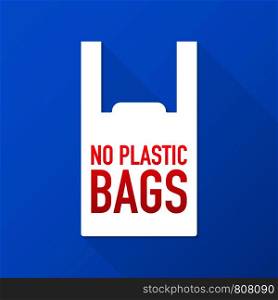 No plastic bags forbidden sign on black background. Vector stock illustration.