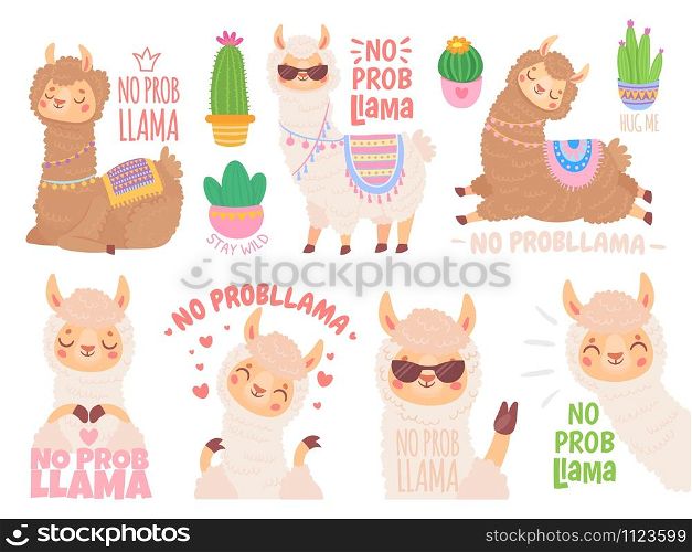 No prob llama. Cool llamas have no problems, wildlife animals no problem quote illustration vector set. Funny lama stickers with positive quotes. Adorable mammals optimistic lifestyle sayings pack. No prob llama. Cool llamas have no problems, wildlife animals no problem quote illustration vector set. Funny lama stickers with positive quotes. Adorable mammals carefree lifestyle sayings pack