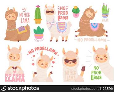 No prob llama. Cool llamas have no problems, wildlife animals no problem quote illustration vector set. Funny lama stickers with positive quotes. Adorable mammals optimistic lifestyle sayings pack. No prob llama. Cool llamas have no problems, wildlife animals no problem quote illustration vector set. Funny lama stickers with positive quotes. Adorable mammals carefree lifestyle sayings pack