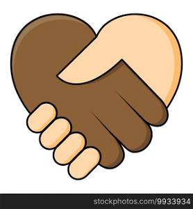 No racism - shake hand in heart shape. Two hands dark and fair skin in a handshake. Equality of races concept icon. Great also for symbol of agreement or contract between different ethnicity.