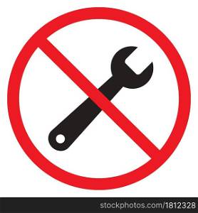 No repair tool on white background. No repair sign. stop repair symbol. flat style. Wrench icon in prohibition red circle.