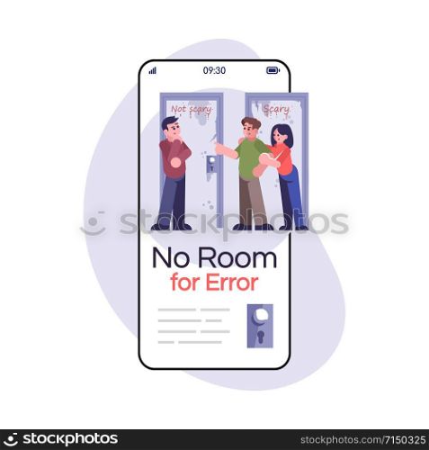 No room for error social media post smartphone app screen. Difficult decision. Mobile phone display with cartoon characters design mockup. Quest room application telephone interface