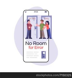 No room for error social media post smartphone app screen. Difficult decision. Mobile phone display with cartoon characters design mockup. Quest room application telephone interface