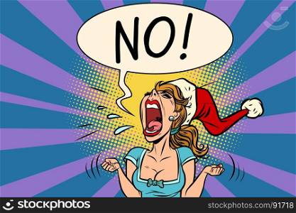 No screams Santa woman. Comic book cartoon pop art retro vector illustration drawing. No screams Santa woman