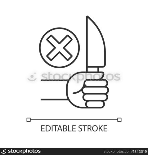 No sharp objects linear manual label icon. Avoid injuries.Thin line customizable illustration. Contour symbol. Vector isolated outline drawing for product use instructions. Editable stroke. No sharp objects linear manual label icon