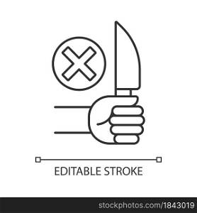 No sharp objects linear manual label icon. Avoid injuries.Thin line customizable illustration. Contour symbol. Vector isolated outline drawing for product use instructions. Editable stroke. No sharp objects linear manual label icon