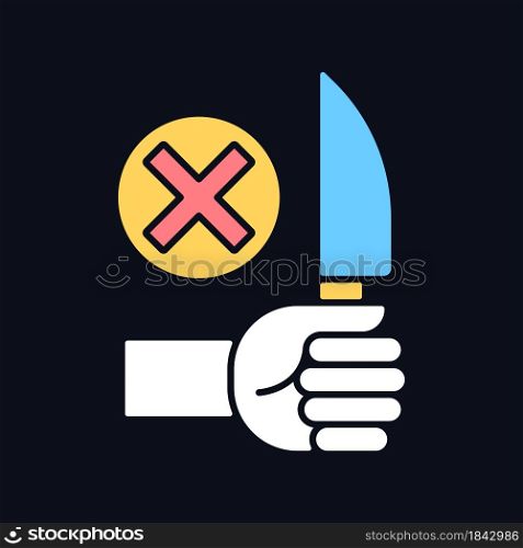No sharp objects RGB color manual label icon for dark theme. Isolated vector illustration on night mode background. Simple filled line drawing on black for product use instructions. No sharp objects RGB color manual label icon for dark theme