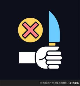 No sharp objects RGB color manual label icon for dark theme. Isolated vector illustration on night mode background. Simple filled line drawing on black for product use instructions. No sharp objects RGB color manual label icon for dark theme