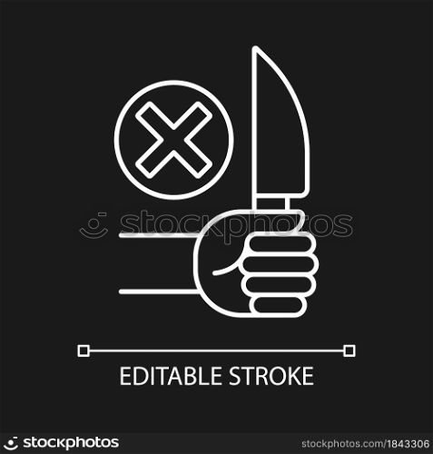 No sharp objects white linear manual label icon for dark theme. Thin line customizable illustration. Isolated vector contour symbol for night mode for product use instructions. Editable stroke. No sharp objects white linear manual label icon for dark theme