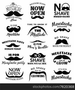 No shave November beard and moustache vector icons of prostate and testicular cancer awareness month. Retro mustaches with bushy hair and curved tips, men health themes. Black moustaches. November month of men health