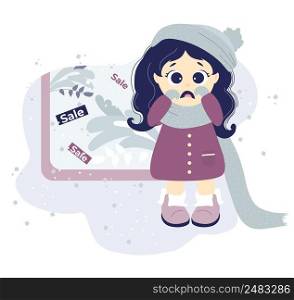 No shopping. Upset girl in winter clothes is crying near a shop store window with a seasonal sale. Vector illustration on blue background with leaves and decor. Concept Discounts, sales and sad woman