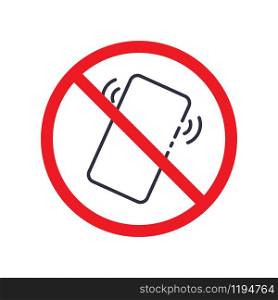No smartphone icon. Thin line mobile phone with prohibition symbol. Sound waves or vibration sign . Vector eps 10 illustration