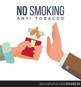 No Smoking Concept Vector. Anti Tobacco. Hand Offers To Smoke Holding A Pack Of Cigarettes. Gesture Rejection. Proposal Smoke. Isolated Flat Cartoon Illustration. No Smoking Concept Vector. Anti Tobacco. Hand Offers To Smoke Holding A Pack Of Cigarettes. Gesture Rejection. Proposal Smoke. Isolated Illustration