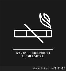 No smoking pixel perfect white linear icon for dark theme. Cigarettes ban sign. Important rule of toilet room usage. Thin line illustration. Isolated symbol for night mode. Editable stroke. No smoking pixel perfect white linear icon for dark theme