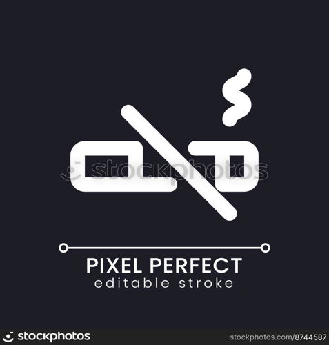 No smoking pixel perfect white linear ui icon for dark theme. Public places restrictions. Vector line pictogram. Isolated user interface symbol for night mode. Editable stroke. Poppins font used. No smoking pixel perfect white linear ui icon for dark theme