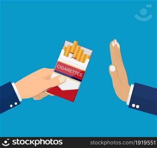 No smoking. Reject cigarette offer. Anti tobacco concept. Cigarette pack in his hand. Hand gesture to reject proposal smoke. Vector illustration in flat style. Reject cigarette offer.