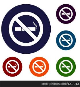 No smoking sign icons set in flat circle reb, blue and green color for web. No smoking sign icons set