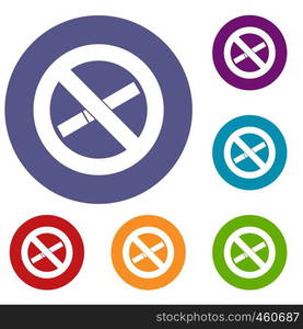 No smoking sign icons set in flat circle reb, blue and green color for web. No smoking sign icons set